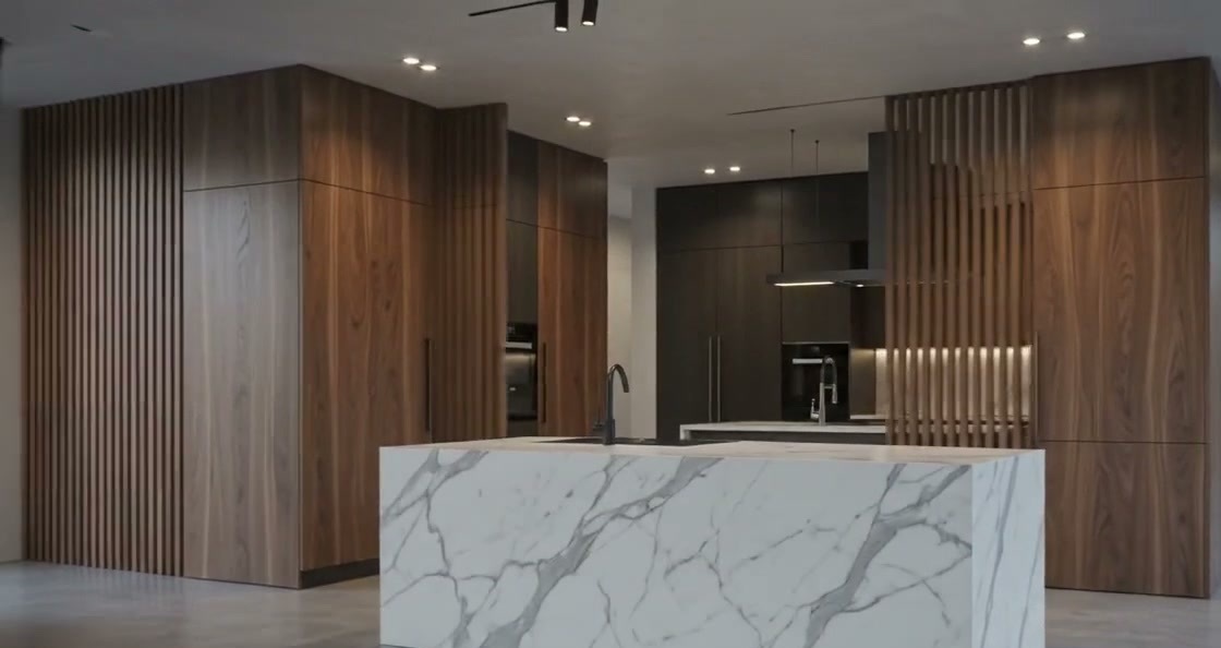 Cocina de chalet con isla de mármol en cascada y frentes de madera